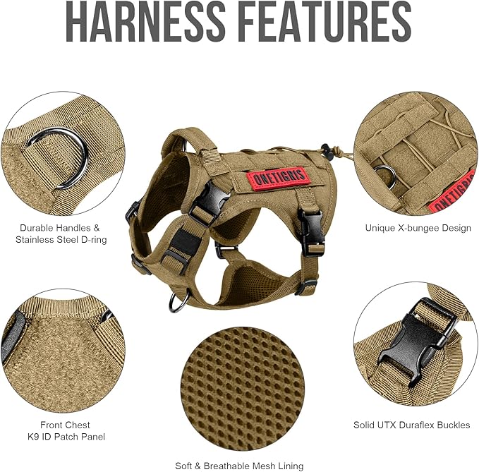OneTigris Tactical Dog Harness Vest,No-Pull Service Dog Vest with Hook & Loop Panels,Adjustable Dog Vest Harness for Walking Hiking Training(Coyote Brown,XS)