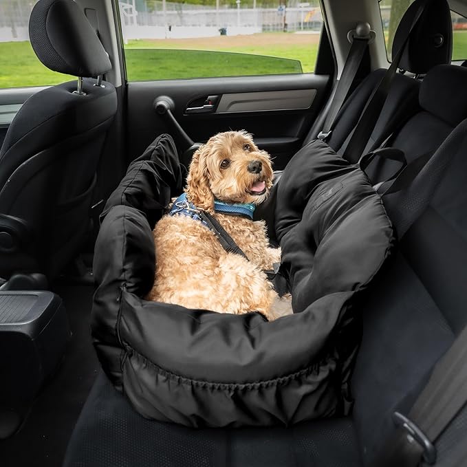 JACKO & CO Premium Medium Dog Car Seat – Safe & Cozy Travel Bed for Small & Med Dogs, Puppies & Pets 25–40 lbs, Clip-On Leash, Storage Pockets, Water-Resistant, Machine Washable (Black, Medium)