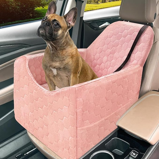Dog Car Seat for Small/Medium Dogs, Memory Foam Dog Booster Seat, Travel Safety Per Car Seat with Washable Removable Cover, Storage Pockets for Dogs up to 35 lbs (Pink, Small)
