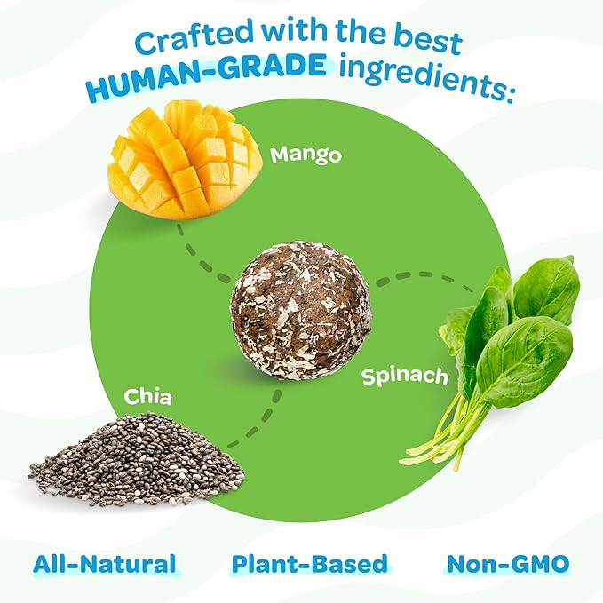 Mango, Chia, & Spinach Grain Free Dog Treats Soft - All Natural Dog Treats - Human Grade, Gluten Free, Non-GMO, Clean & Nutritious, Plant Based Vegan Ingredients - 18pk