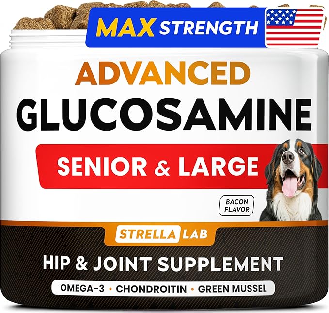 Senior Advanced Glucosamine Joint Supplement for Dogs - Green Lipped Mussel & Collagen - Large Breeds - Hip & Joint Health - Bacon Flavor - 120 Chews