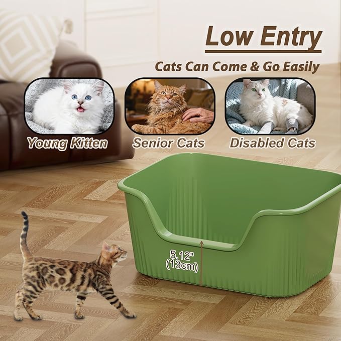 Large Litter Box with High Sides 21.5 * 16.1 * 10.4 inches Big Litter Boxes for Large Cats Easy Clean Open Cat Litter Box, Anti-Splashing&Leak-Proof, Green