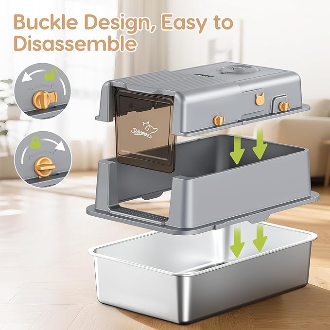 L7 Ultra-Stainless Steel Litter Box with Smart Odor Control, XXL Extra Large Enclosed Metal Cat Litter Box with Lid for Kitty&Big Cats, High Sided Enclosure with Scoop & Mat, Anti-Leakage-Grey