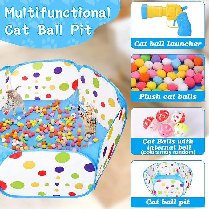 Mity rain Cat Ball Pit with Balls Included, Interactive Toy for Indoor Bored Cats Dogs with Ball Launcher, Jingle Balls and Pom Pom Balls, Cat Enrichment Toys, Kitten Toys for Self Playing Blue