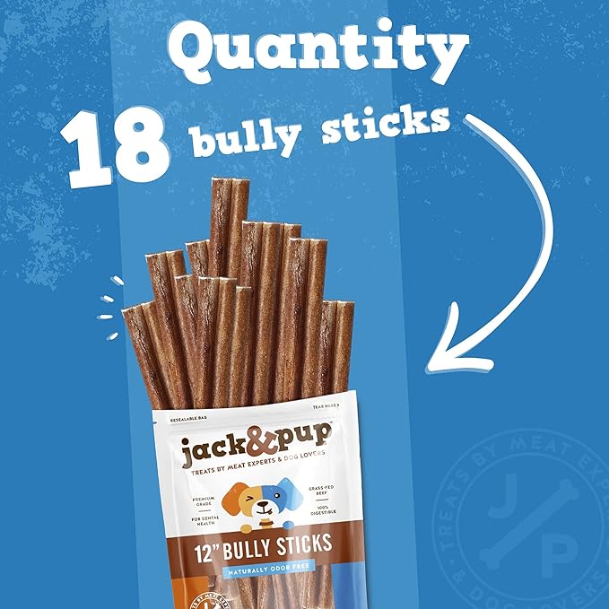 Jack&Pup 12 Inch Standard Bully Sticks for Medium and Large Dogs (18 Pack) Single Ingredient Dog Chew Bully Stick