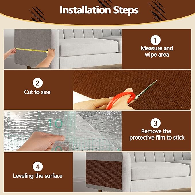 Cat Scratch Furniture Protector, 78.7"x15.8" Self Adhesive Cat Scratch Mat Pad,Cut to Fit DIY Replacement Carpet for Tree,Wall,Bed,Door, Couch Protector (Brown)