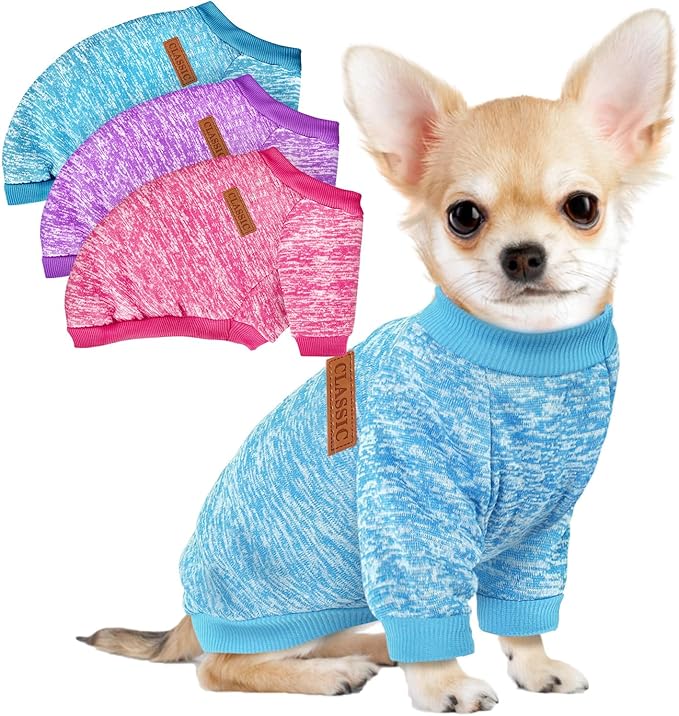 3 Pack Dog Sweaters for Small Dogs Girl Boy Winter Fleece Clothes Warm Soft Dog Sweatshirt Outfit for Dogs Cats Pet Apparel (Rose+Light Blue+Purple, Medium)