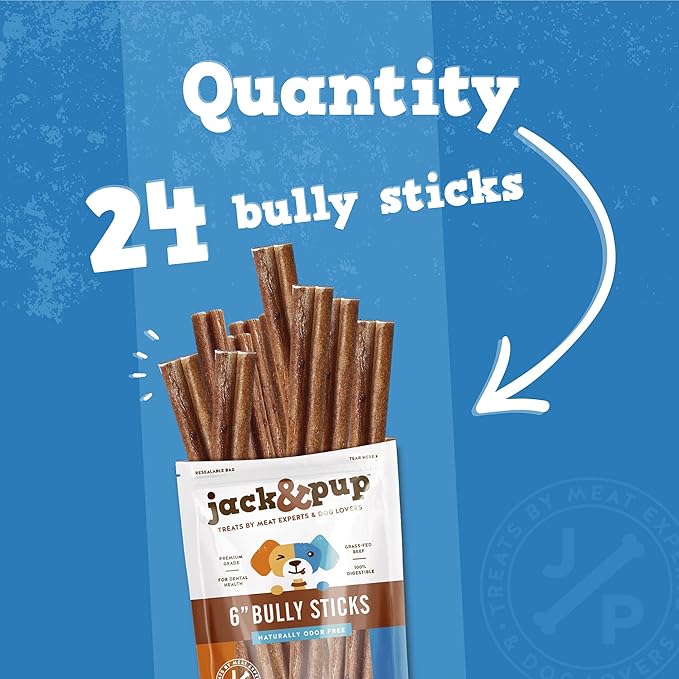 Jack&Pup 6 Inch Thick Bully Sticks for Dogs (24 Pack) Bully Stick Dog Chews, Single Ingredient 100% Beef Bully Sticks for Medium and Large Dogs