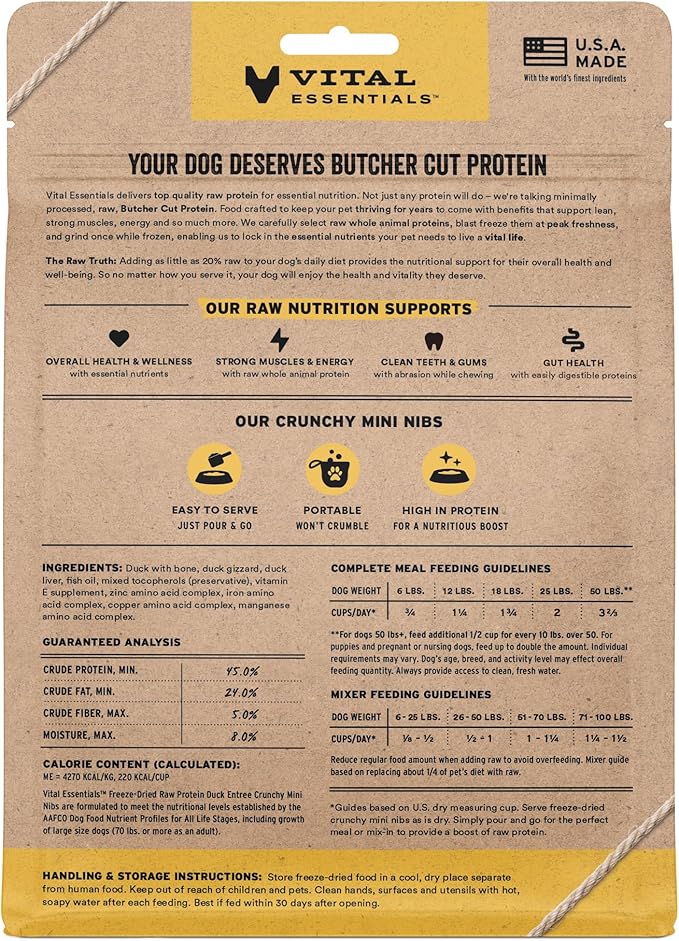 Vital Essentials Freeze-Dried Raw Duck Meal or Mixer Dog Food Crunchy Mini Nibs, 5.5 oz