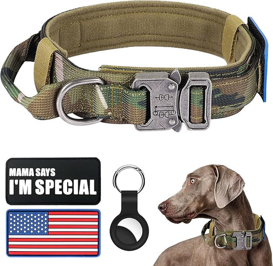Tactical Military Collar - Adjustable Nylon, Heavy Duty Metal Buckle with Handle for Dog Training, with Patches (Camo, XL)