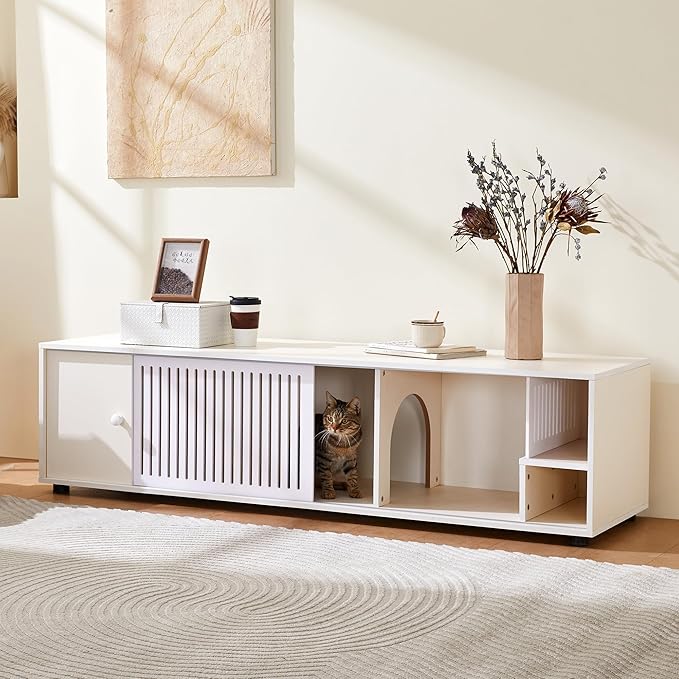 Cat Litter Box Enclosure with Removable Sliding Door, Modern TV Stand with Storage, Cream White