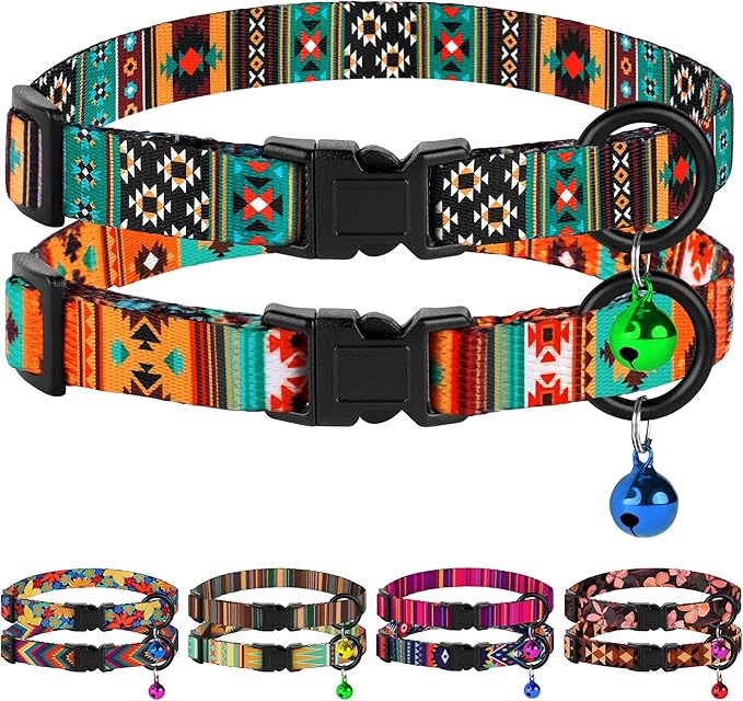 Cat Collars 2 Pack - Soft Cute Breakaway Collar with Bell, Adjustable Safety Kitten Collars for Girl & Boy Cats – Comfortable Stylish Patterned Print Lightweight (Tribal + Southwest)