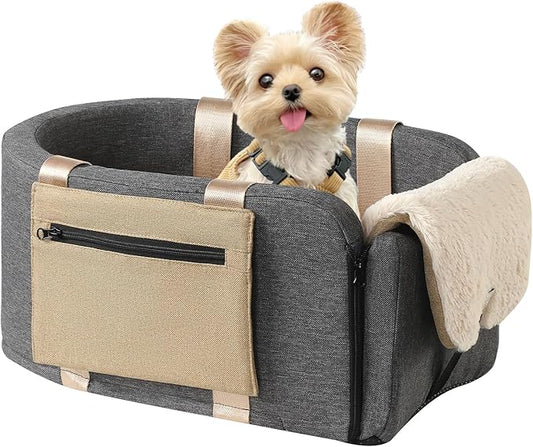 Console Dog Car Seat Cat Carrier - Pet Car Booster Seat on Cars' Armrest Travel Bags for Cats Dogs with Easy Carrying Strap Dog Travel Carrier with Safety Tethers