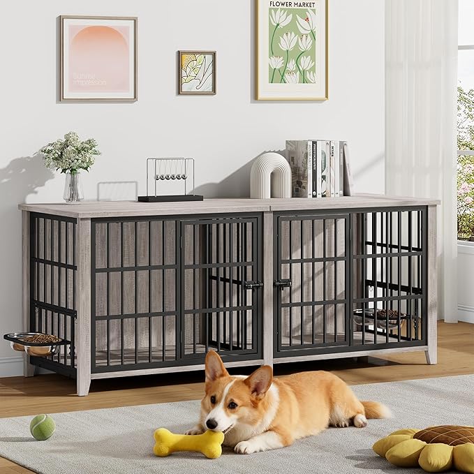 Lulive 78" Dog Crate Furniture for 1 Large or 2 Small/Medium, Extra Large Dog Kennel Indoor with Removable Divider & Adjustable Height Dog Bowls, Heavy Duty Wooden Double Dog Cage as TV Stand, Grey