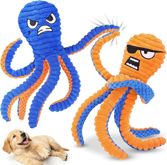 Zeaxuie Dog Toys for Aggressive Chewers, 2 Pack No Stuffing Interactive Dog Toys for Teething, Squeaky Chew Toy to Keep Them Busy for Small and Medium Breed, Crinkle Octopus