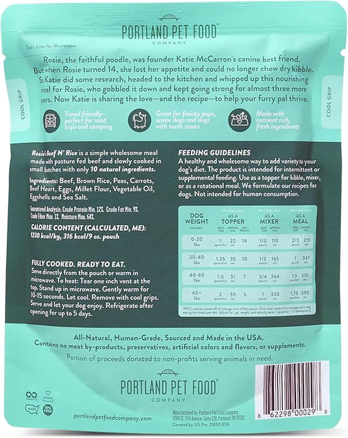 Portland Pet Food Company Fresh Dog Food Pouches - Human-Grade Toppers Wet Pet Meal & Mixers - Small & Large Breed Puppy & Senior Dogs - Gluten-Free, Limited Ingredient Rosie’s Beef N' Rice - 8 Pack