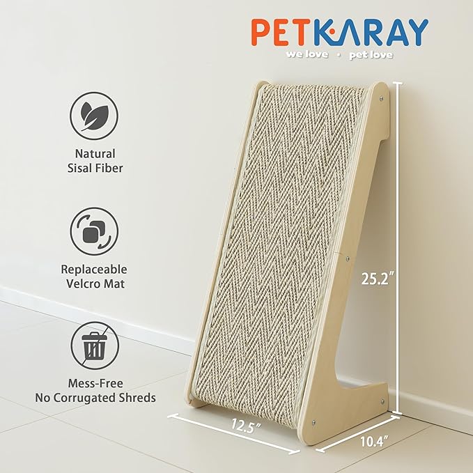 PETKARAY L Shape Cat Scratcher, Sisal Kitty Scratching Ramp, Vertical Scratch Pad for Indoor Cats, 25.4" Furniture Protector with Catnip, Chevron