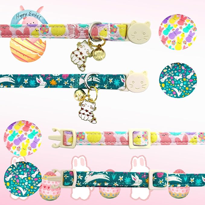 Elegant little tail Easter 2 Pack Cat Collar-Bunny Print Cotton Breakaway Cat Collars with Bell Pendant Kitten Safety Adjustable Collar for Small Cats Puppy