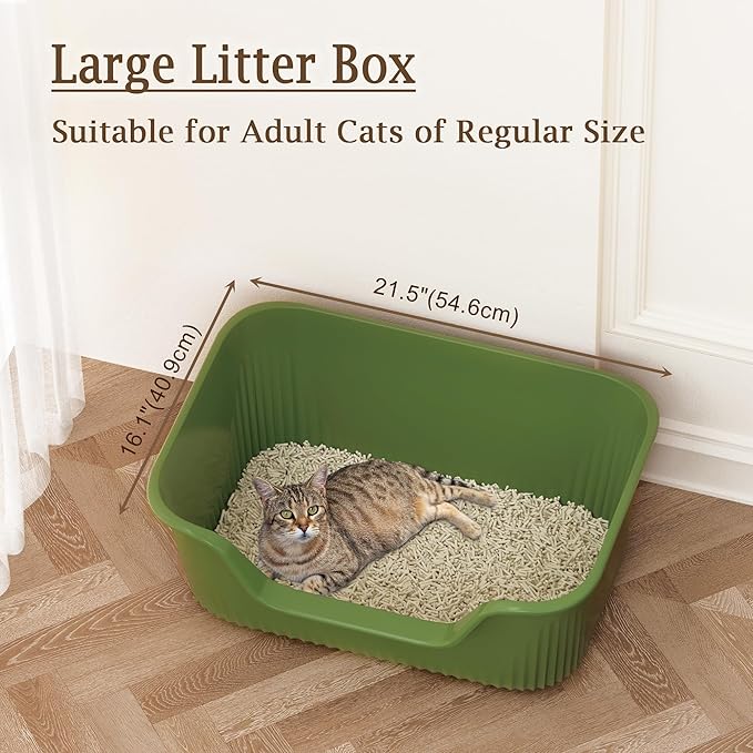 Large Litter Box with High Sides 21.5 * 16.1 * 10.4 inches Big Litter Boxes for Large Cats Easy Clean Open Cat Litter Box, Anti-Splashing&Leak-Proof, Green