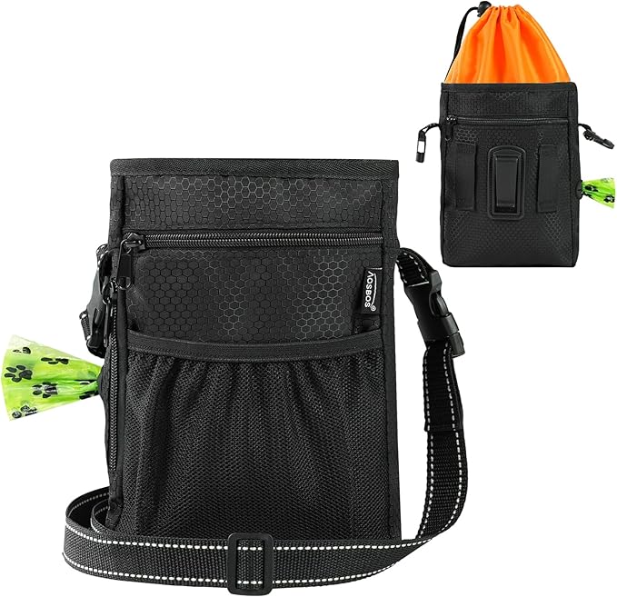 Aosbos Dog Treat Pouch with Built-in Poop Bag Dispenser & Easy-Clean Liner - Dog Training Treat Bag with Reflective Strap & Belt Clip, Black Orange