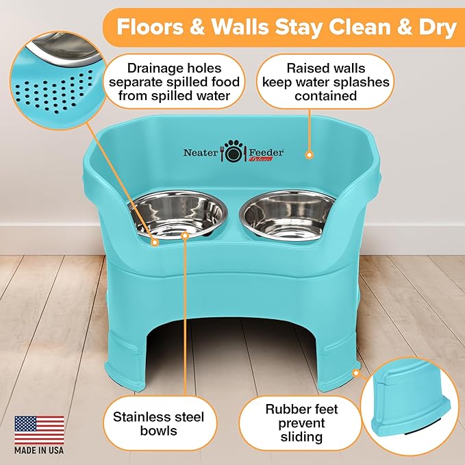 Neater Feeder Deluxe Mess Proof Dog Bowls Elevated for Large Dogs – Made in USA – No Spill Raised Dog Food Bowl Stand w/Leg Extensions – Stainless Steel Dog Food and Water Bowl Set – Teal