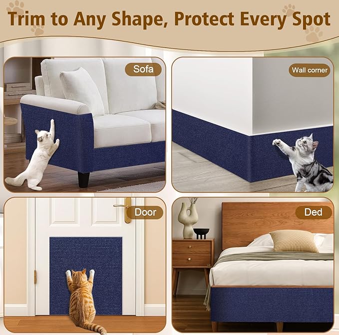 Cat Scratch Furniture Protector – DIY Climb Scratch Mat, Couch Protector from Cat Claws, Trimmable Self-Adhesive Carpet for Sofa, Furniture, Cat Tree (Dark Blue, 78.7" x 15.8")