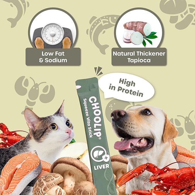 Choolip Squeeze Vita Stick Lickable Cat Treats & Dog Puree – 49-Count Liver Support Tubes, Creamy Grain-Free High-Protein Puree with Milk Thistle, Vitamin E & CoQ10 for Liver Health & Detox Support
