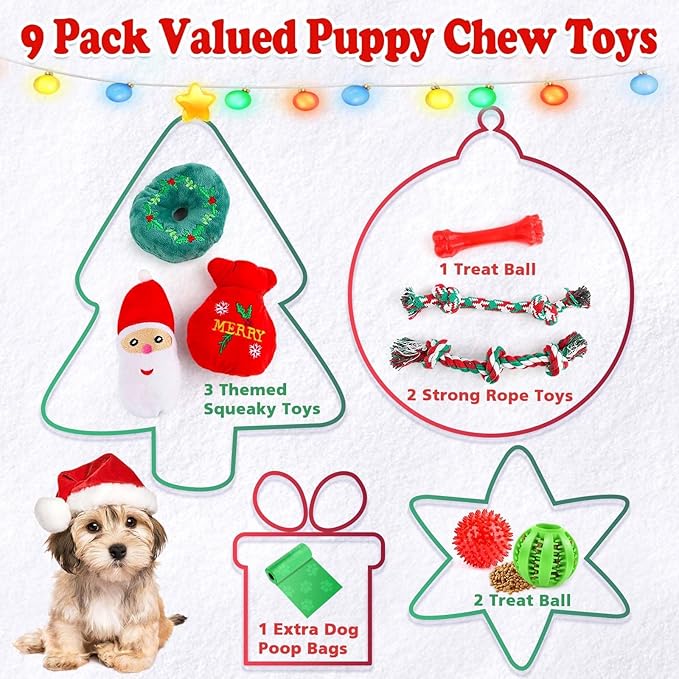 Christmas Dog Toys 9 Pack, Luxury Santa Puppy Chew Toy, Cotton Squeaky Plush Toys for Small Dogs, Durable Interactive Rope Treat Dog Ball and Bones, Rubber Teething Toys for Dogs Gifts