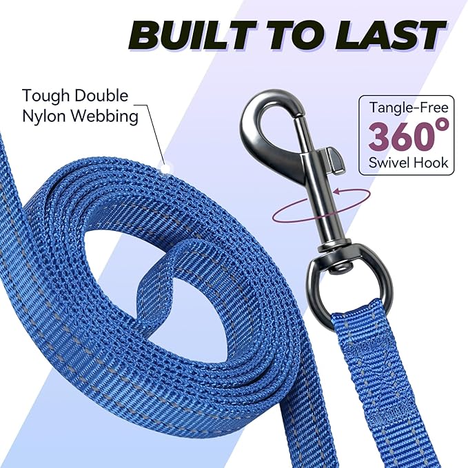 VIVAGLORY Twingrip Dog Leash, Double Handle Dog Leash for Training & Walking with Traffic Handle & 2 Loop, Traffic Control Reflective Heavy Duty for Puppy Pet, 6ft x 1/2in, Blue