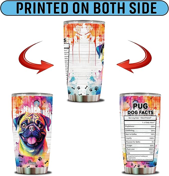 Gifts for Pug Lovers 20 Oz Stainless Steel Tumbler Travel Coffee Mug Gift Ideas for Pugs Dog Lovers Owners Funny Facts Water Bottle