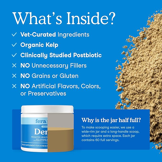 Fera Pets Cat & Dog Dental Support Powder - Supports Fresh Breath - Promotes Healthy Teeth and Gums - Targets Tartar Build-Up - Includes Kelp, Enzymes & Postbiotics - 60 Scoops