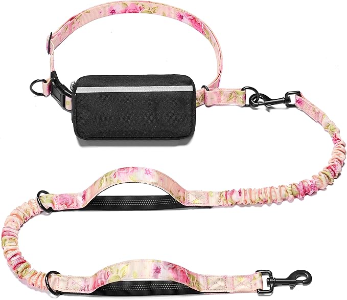 iYoShop Hands Free Dog Leash with Zipper Pouch, Dual Padded Handles and Durable Bungee for Walking, Jogging and Running Your Dog (Pink Sakura, Large)