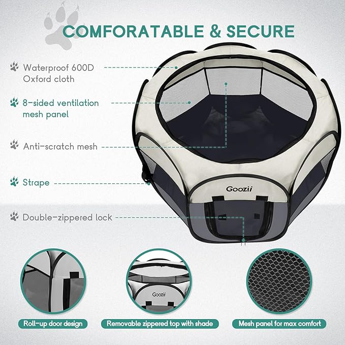 Pet Cat Playpen for Indoor Cats Enclosed, Puppy Dog Play Pen for Outdoor Travel Camping (Medium Size, Beige & Dark Grey)