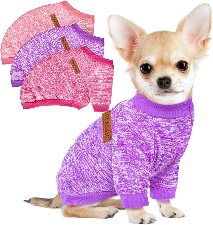 3 Pack Dog Sweaters for Small Dogs Girl Boy Winter Fleece Clothes Warm Soft Dog Sweatshirt Outfit for Dogs Cats Pet Apparel (Pink+Rose+Purple, X-Small)
