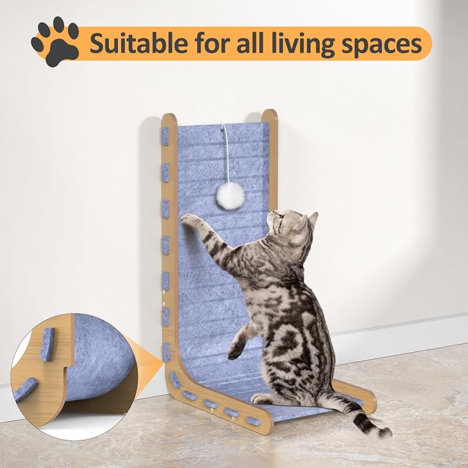 Felt Cat Scratcher for Indoor Cats, 26.8 Inches L Shape Scratching Board Vertical Cat Scratch Post with Fluffy Ball Hanging, Scratch Resistant Felt Cat Scratching Pad, Blue