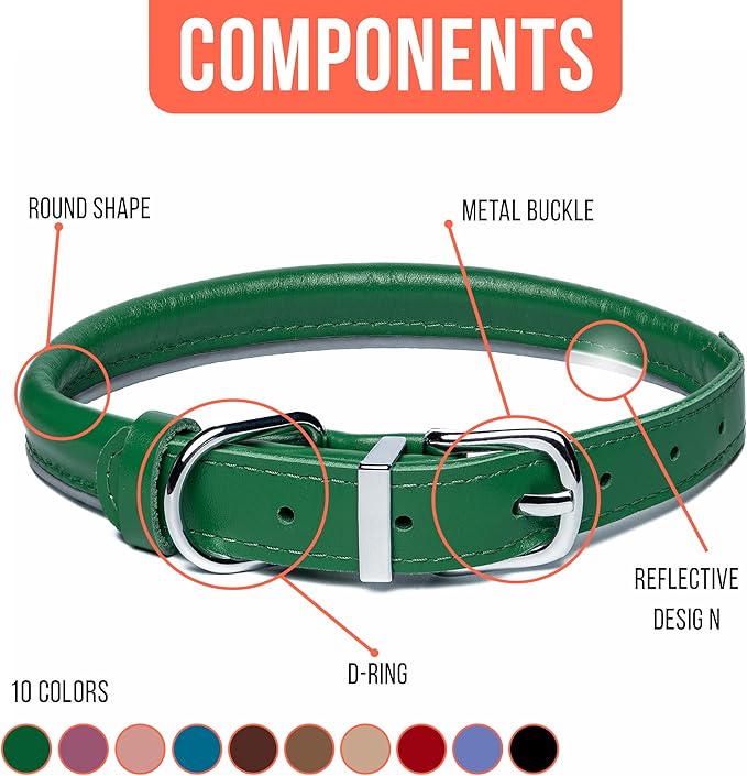 OOPSDOGGY Rolled Leather Dog Collar Reflective Roll Collars for Small Medium Large Dogs Puppy (Green, L, 14'' - 18'')