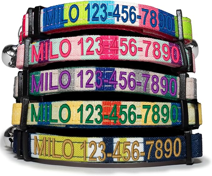 Pawtitas Personalized Cat Collar with Safety Buckle and Removable Bell - Multicolor, Adjustable, Customized Cat Collar - Blue/Orange/Yellow
