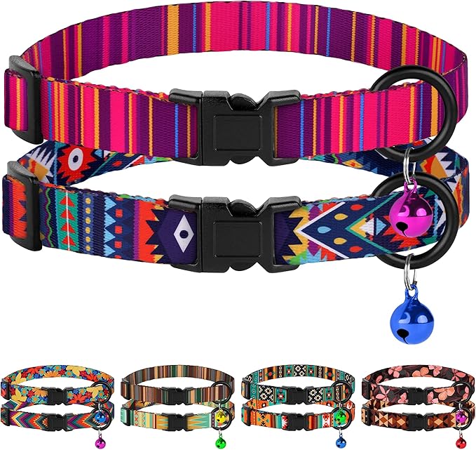 Cat Collars 2 Pack - Soft Cute Breakaway Collar with Bell, Adjustable Safety Kitten Collars for Girl & Boy Cats – Comfortable Stylish Patterned Print Lightweight (Ethnic + Striped)