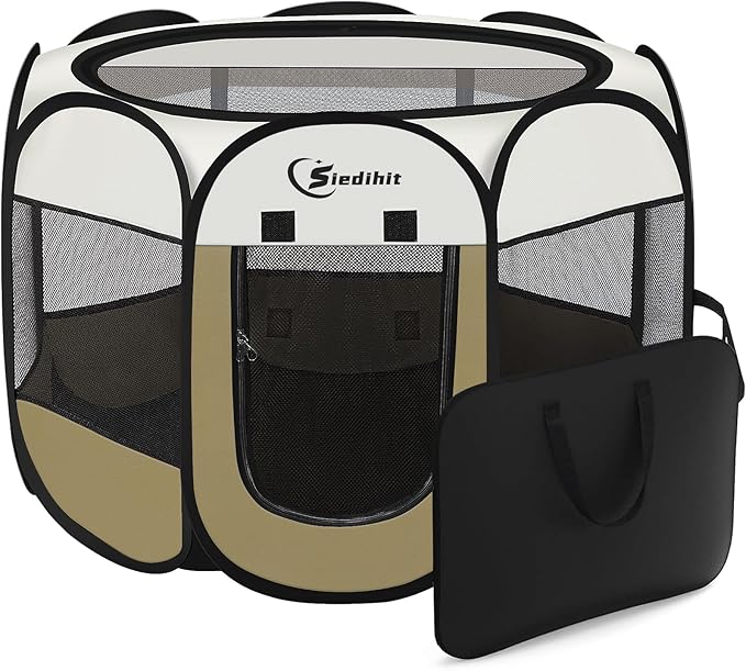 Dog Cat Playpen, Medium Puppy Pet Playpen, Dog Crate Tent Cage Indoor/Outdoor, Portable Pop Up Dogs Kennel Playpen with Carrying Case for Dogs/Cats/Rabbits(Coffee, Small)