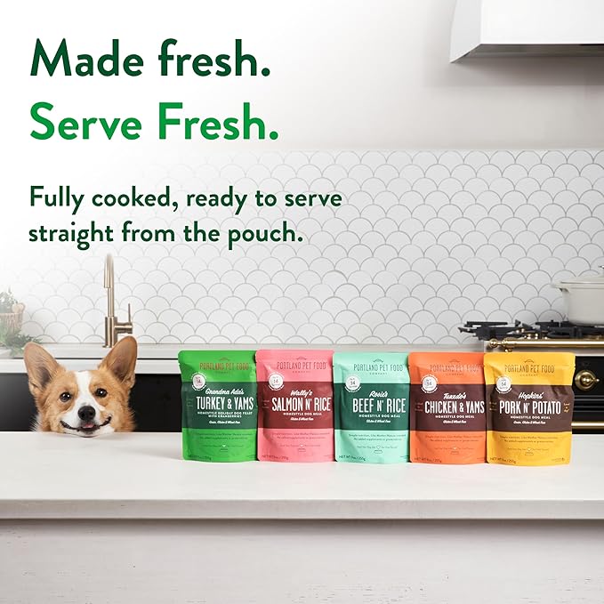 Portland Pet Food Company Fresh Dog Food Pouches - Human-Grade Toppers Wet Meal & Mixers - Grain-Free Limited Ingredient Grandma Ada's Turkey & Yams - Small & Large Breed Puppy & Senior Dogs - 5 Pack