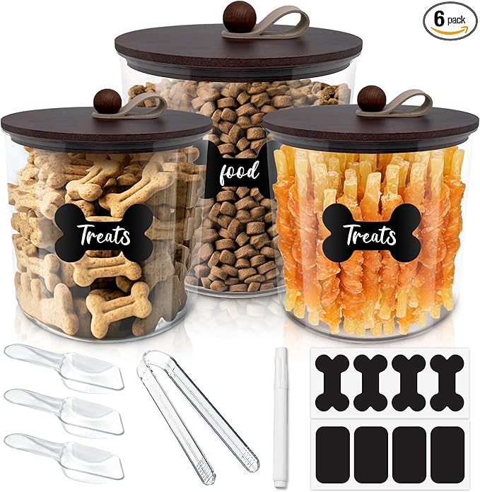 3 Pack Airtight Dog Food Storage Container, Dog Treat Container Dog Food Container with Wood Lids 8x7''&6x5'',Pet Food Storage Container,Cat Food Containers with Scoops,Clamp,Labels,Pens