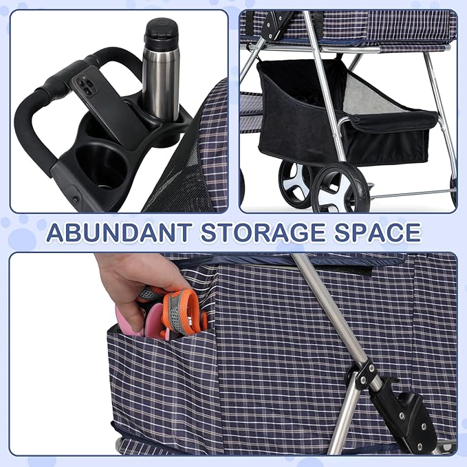 MoNiBloom 3 in 1 Foldable Pet Stroller for Small & Medium Dogs, Detachable Carrier, Car Seat, Push Button Entry, 4-Wheel Jogger for Pets up to 33 lbs, Plaid