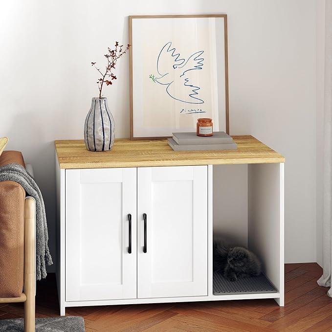 Cat Litter Box Enclosure, Hidden Litter Box Furniture with 2 Doors,Wooden Cat Washroom Indoor, Freestanding Cabinet for Living Room,Hallway,White