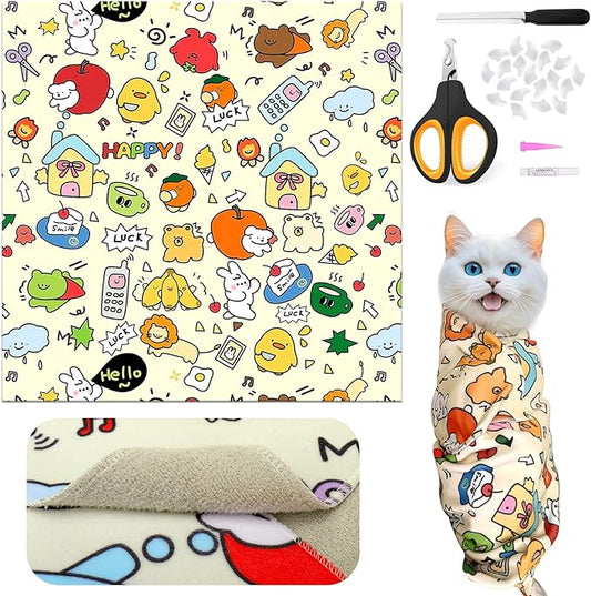 Cat Grooming Supplies - Cat Wrap for Cutting Nails with Cat Nail Clipper and Cat Nail Caps, Cat Restraint for Nail Clipping to Anti-Runaway/Scratch/Bitten, Cat Swaddle Wrap for Calming & Holding Cat