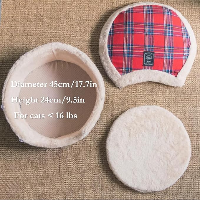 Cat Cave Bed – Plush, Warm & Calming Hideaway with Detachable Lid & Mat, Covered House for Indoor Kitten & Kitty (Redwhite)