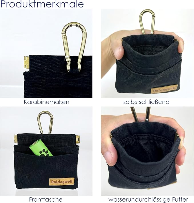 Dog Treat Pouch, Black Pocket Sized Pet Training Pouch, Cotton Fabric, Hand Free Dog Walking Bag with Carabiner, Self-Closing Pet Feed Snack Reward, for Pet Puppy Travel or Outdoor Use
