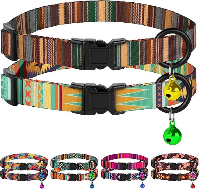 Cat Collars 2 Pack - Soft Cute Breakaway Collar with Bell, Adjustable Safety Kitten Collars for Girl & Boy Cats – Comfortable Stylish Patterned Print Lightweight (Serape + Native)