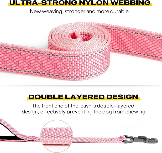 Fida 4 FT Heavy Duty Dog Leash with 2 Comfortable Padded Handles, Traffic Handle & Advanced Easy Snap Hook, Reflective Walking Lead for Large, Medium & Small Breed Dogs, Pink