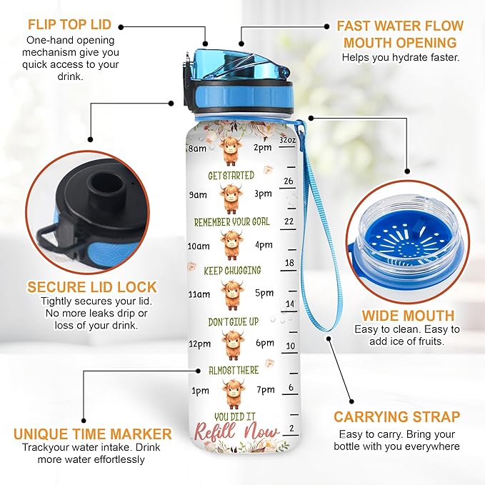 Hyturtle Personalized Highland Cow Lovers 32 Oz 1Liter Motivational Water Bottle With Time Marker, Just A Girl Who Loves Highland Cows, Animal Lovers Gifts For Women, Girl On Birthday, Christmas