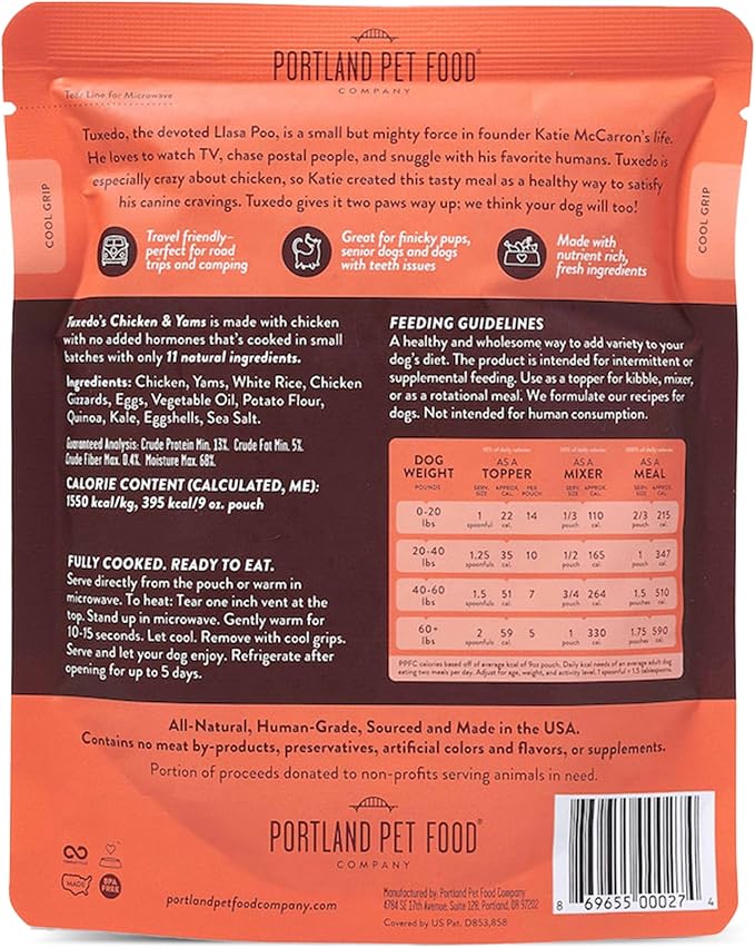 Portland Pet Food Company Fresh Dog Food Pouches - Human-Grade Toppers Wet Pet Meal & Mixers - Gluten-Free Limited Ingredient Tuxedo’s Chicken & Yams - Large & Small Breed Puppy & Senior Dogs - 5 Pack